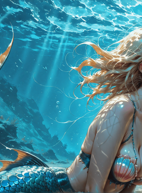 mermaid, fish, coral, sunlight, seaweed, ocean, sand, shells, rays, water