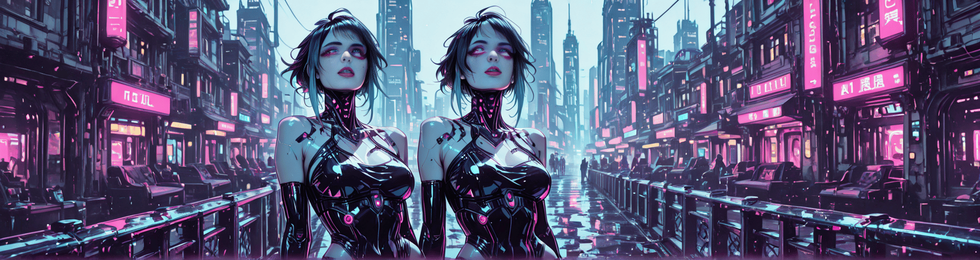 AI generated wallpaper featuring cyborg, women, city