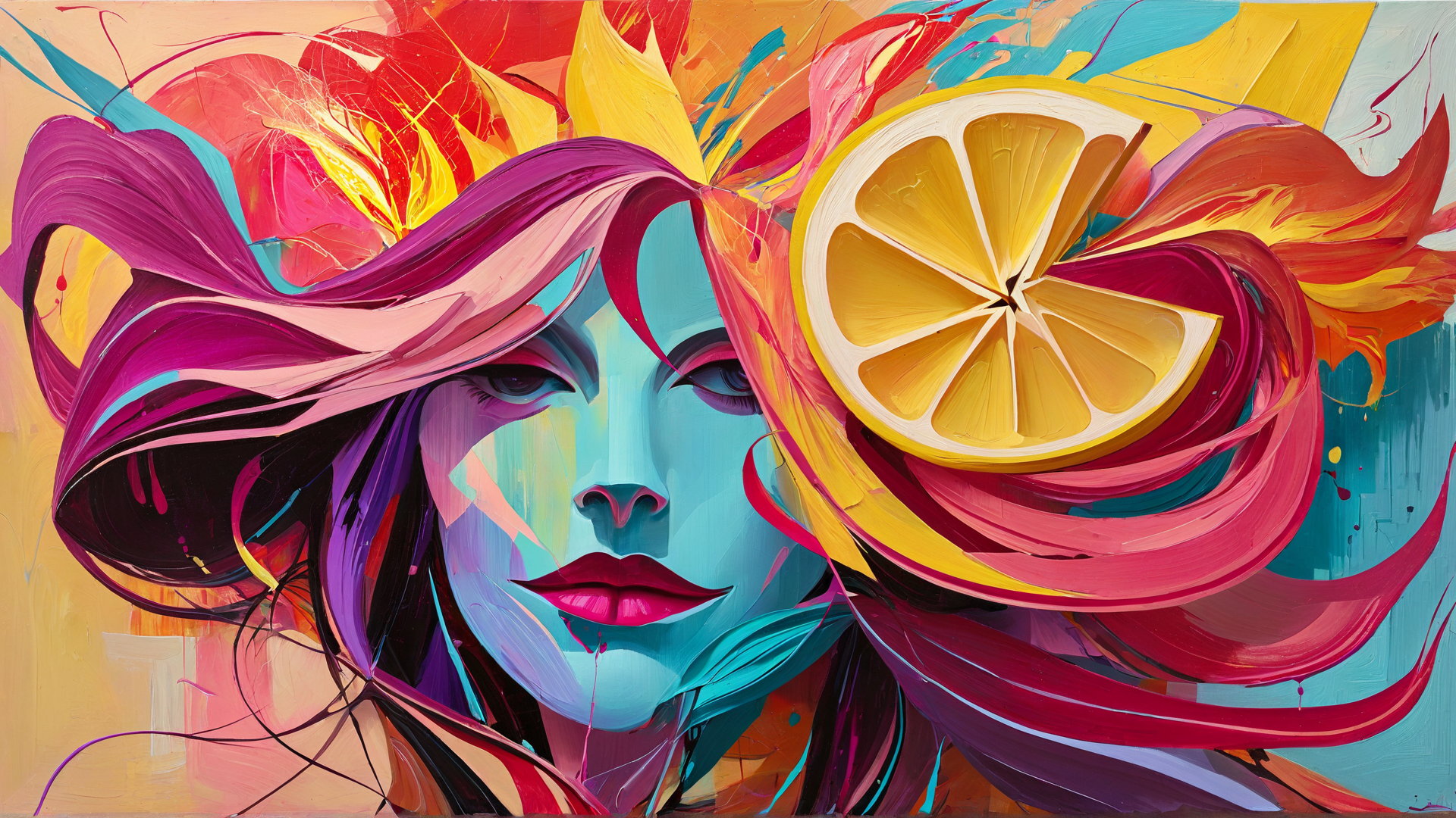 AI generated wallpaper featuring face, lemon, flower, hair