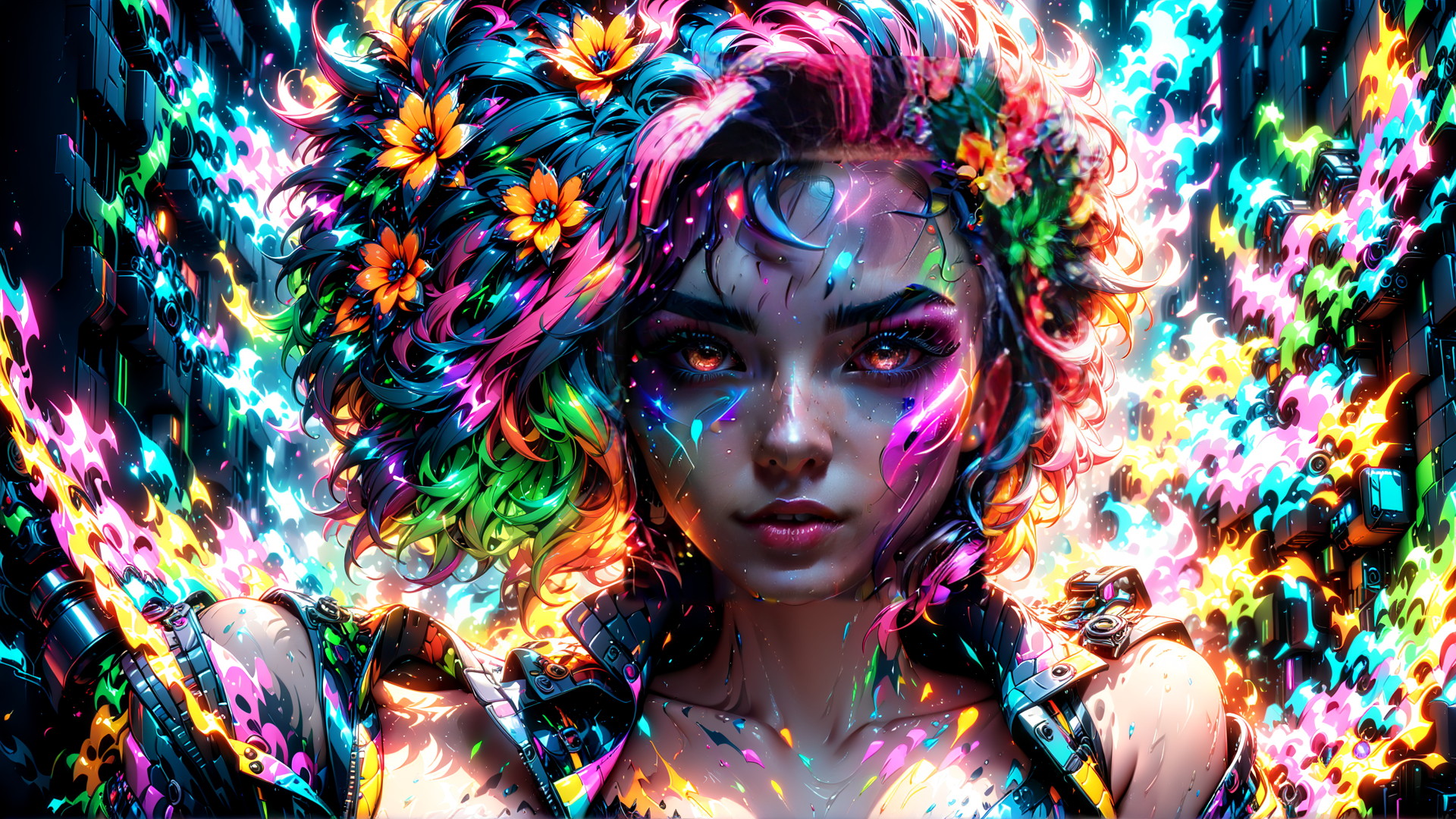AI generated wallpaper featuring woman, cyberpunk, flowers