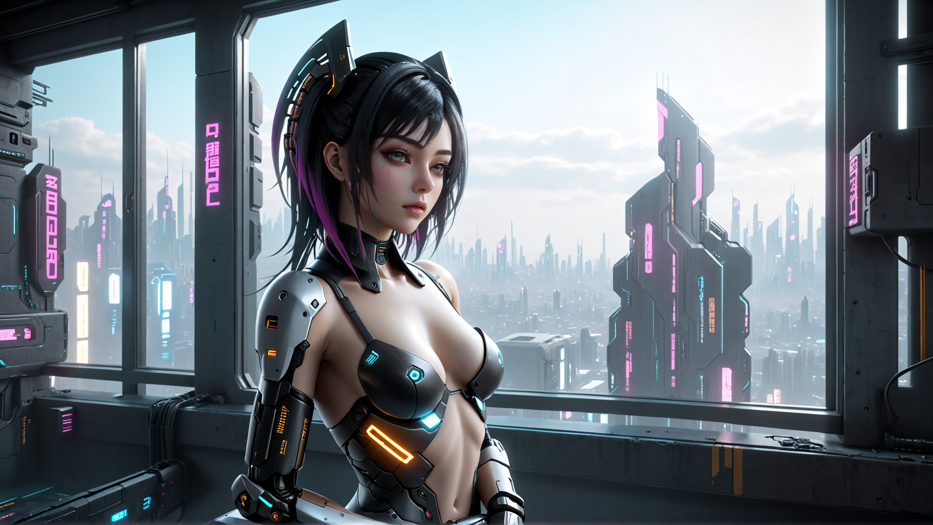 AI generated wallpaper featuring cyborg, woman, city