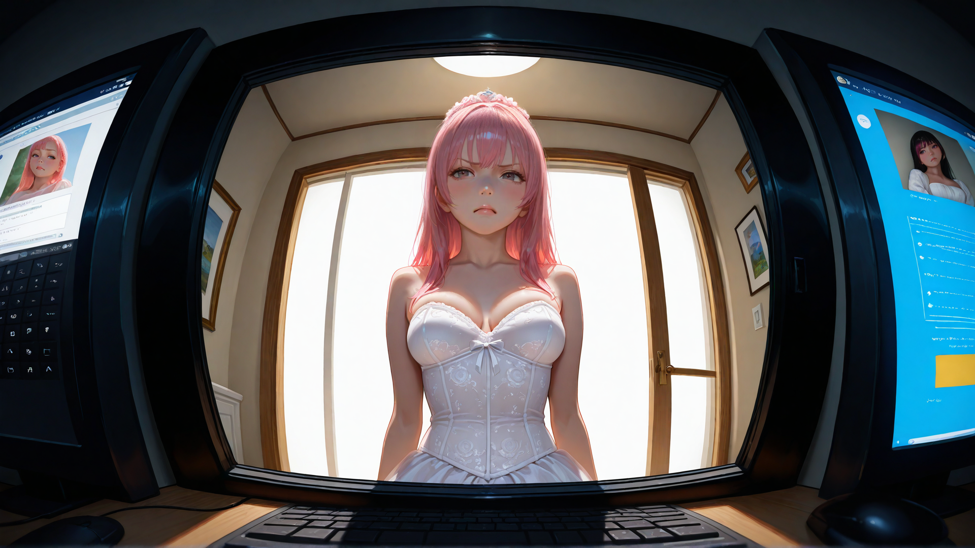 AI generated wallpaper featuring anime girl, bride, computer screen