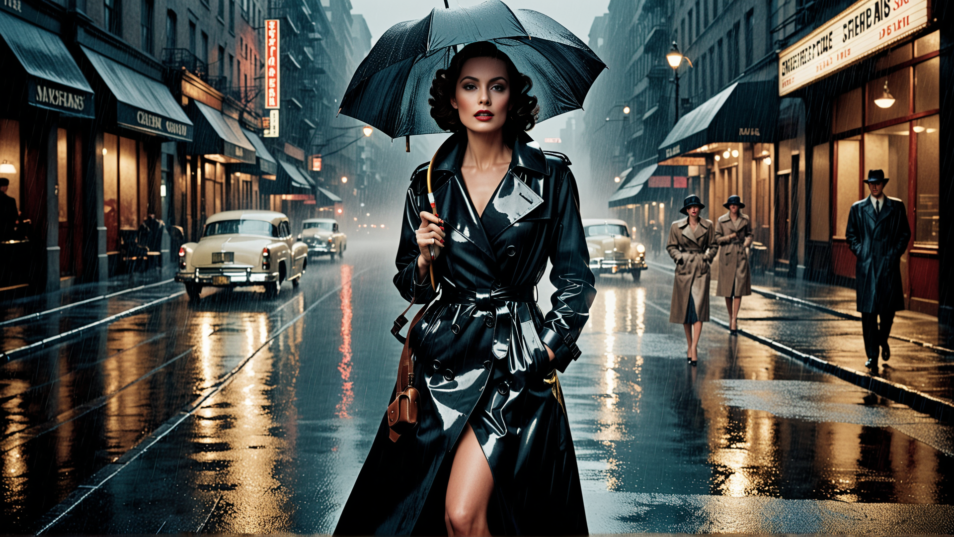 AI generated wallpaper featuring woman, umbrella, rain