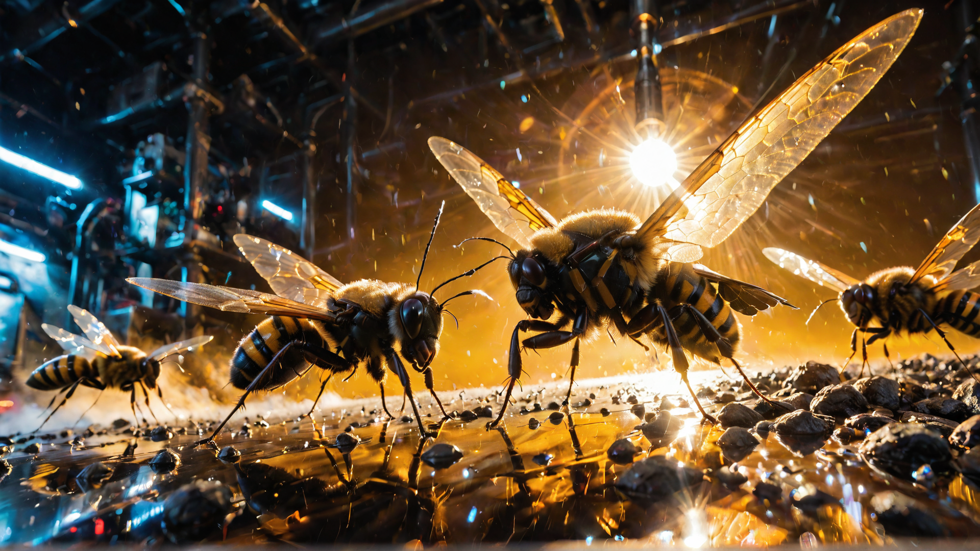 AI generated wallpaper featuring bees, insects, wings, reflection, light, bees, bees, bees, bees, bees