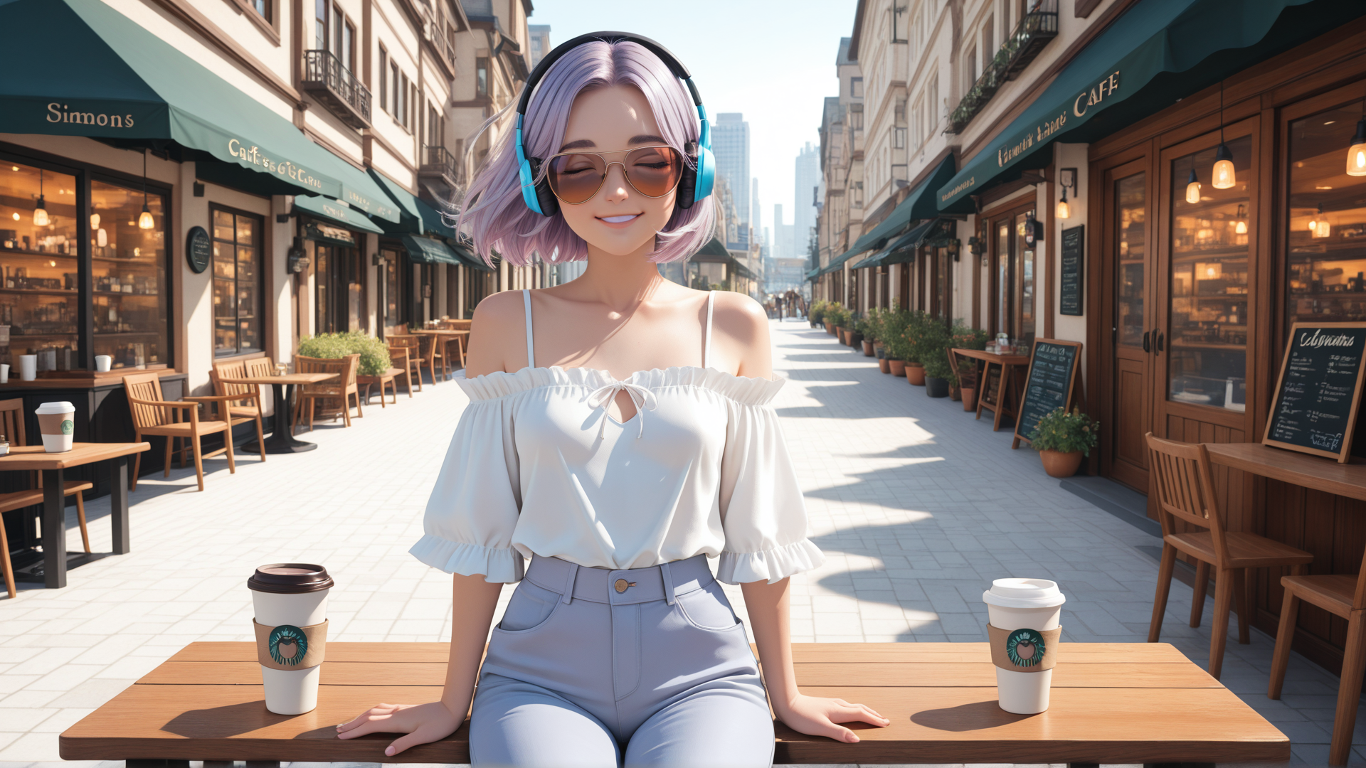 AI generated wallpaper featuring woman, cafe, street, coffee, headphones
