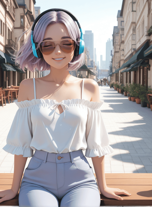 woman, cafe, street, coffee, headphones