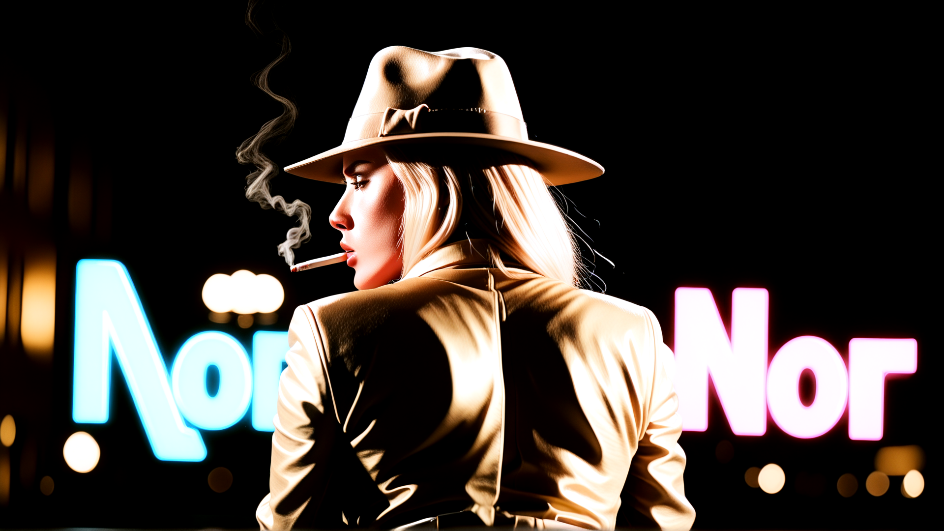 AI generated wallpaper featuring woman, hat, cigarette, jacket
