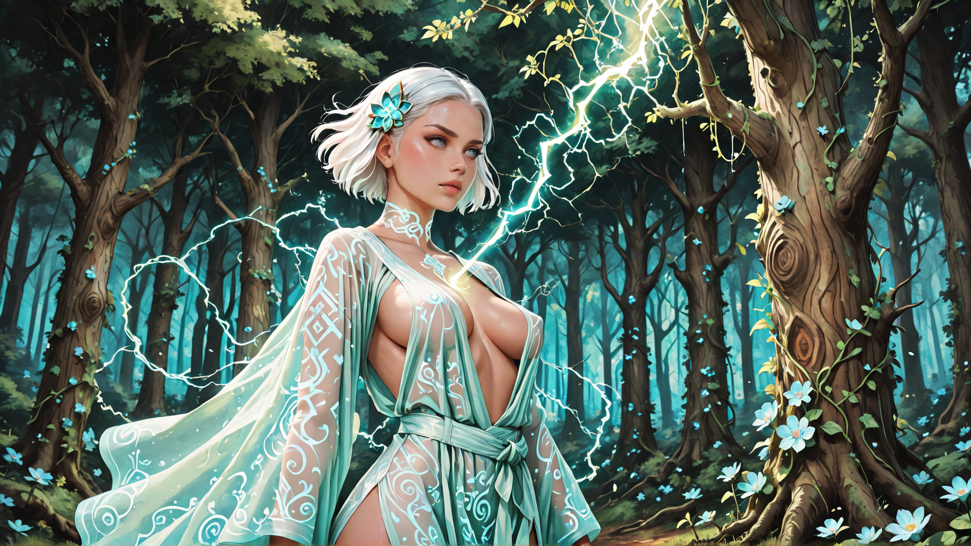 AI generated wallpaper featuring goddess, forest, lightning, tree, flower, woman, nature, dress, spark, leaf