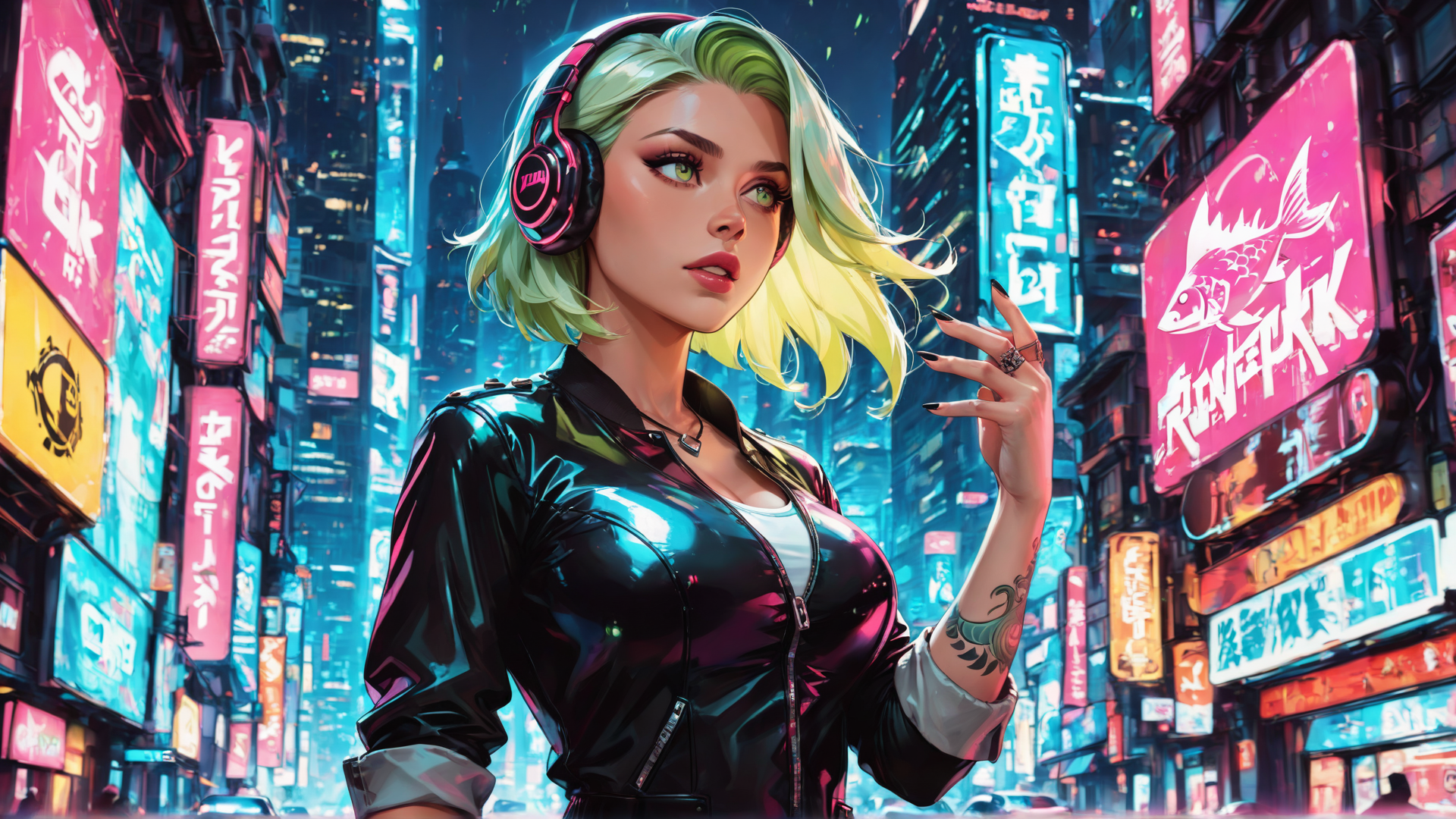 AI generated wallpaper featuring woman, headphones, cityscape, neon signs, tattoo, jacket, hair