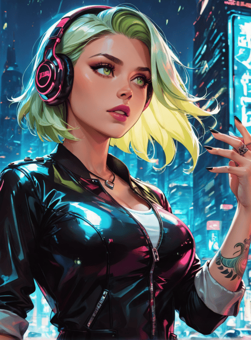 woman, headphones, cityscape, neon signs, tattoo, jacket, hair