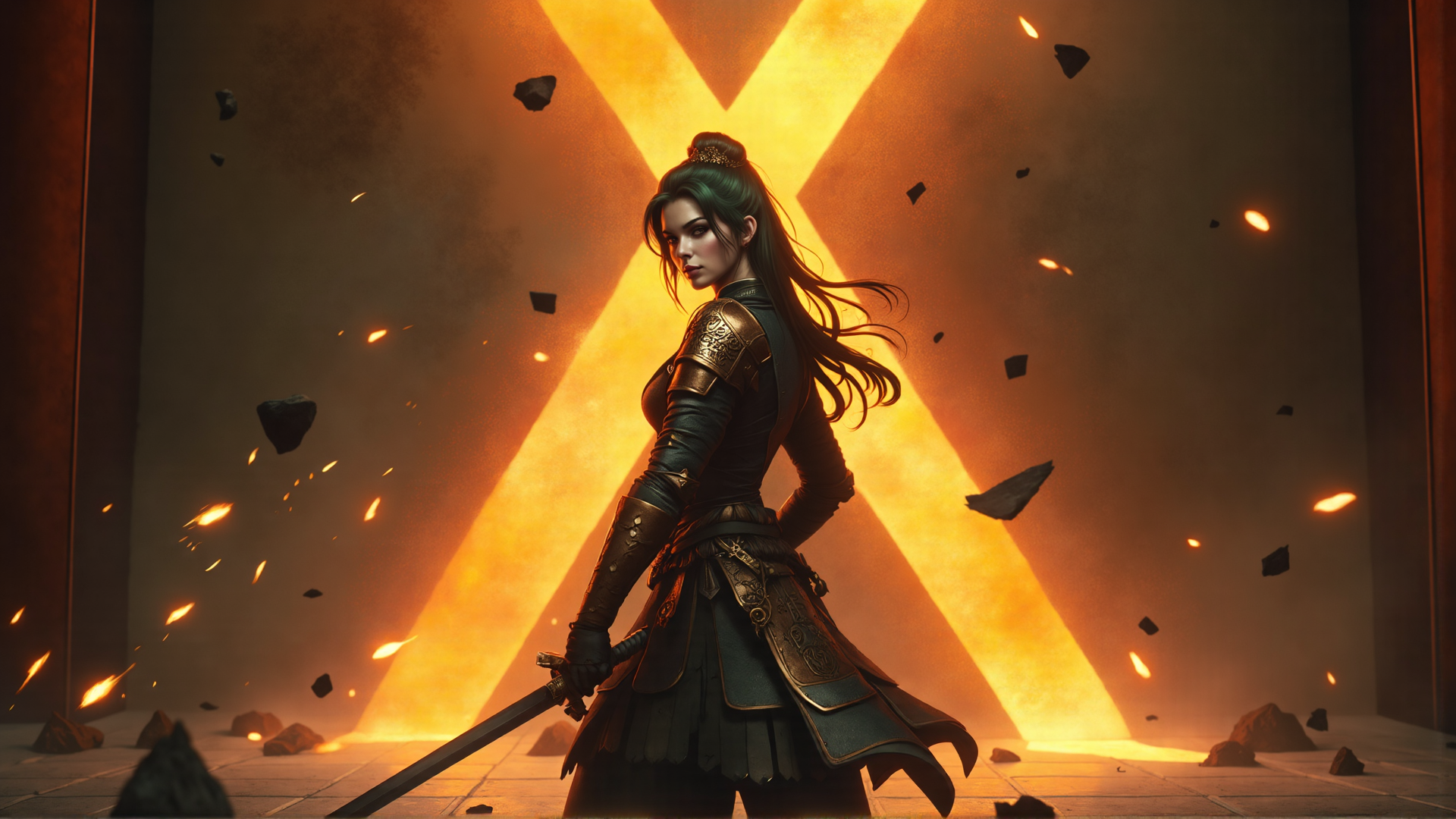 AI generated wallpaper featuring warrior, sword, armor, woman, debris, fire, dust, stone, glow, light