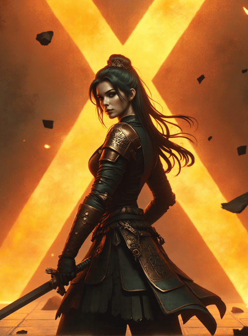 warrior, sword, armor, woman, debris, fire, dust, stone, glow, light