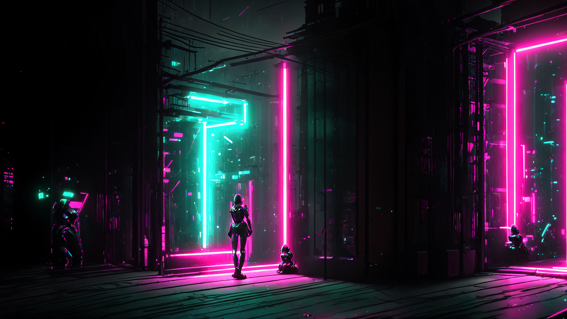 AI generated wallpaper featuring robot, neon, cityscape