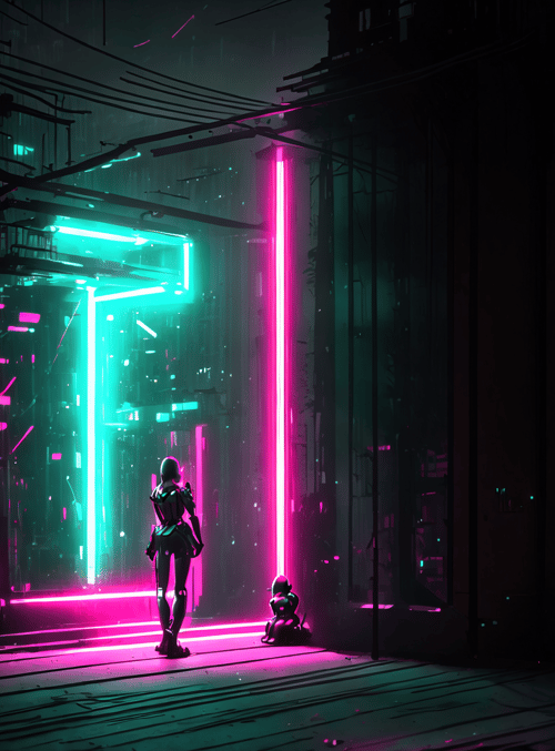 robot, neon, cityscape