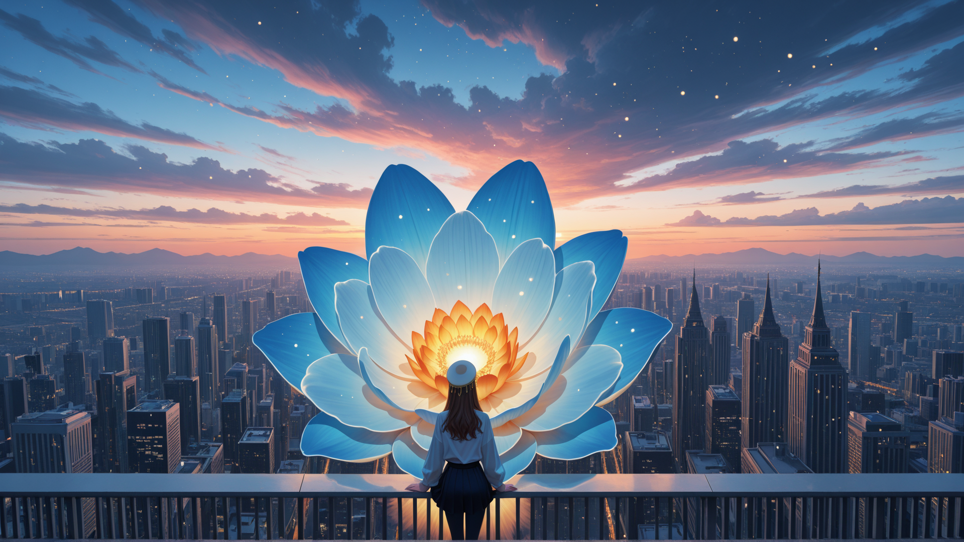 AI generated wallpaper featuring woman, lotus, cityscape, sunset
