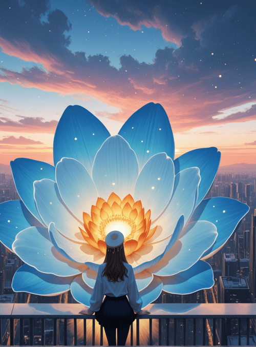 woman, lotus, cityscape, sunset