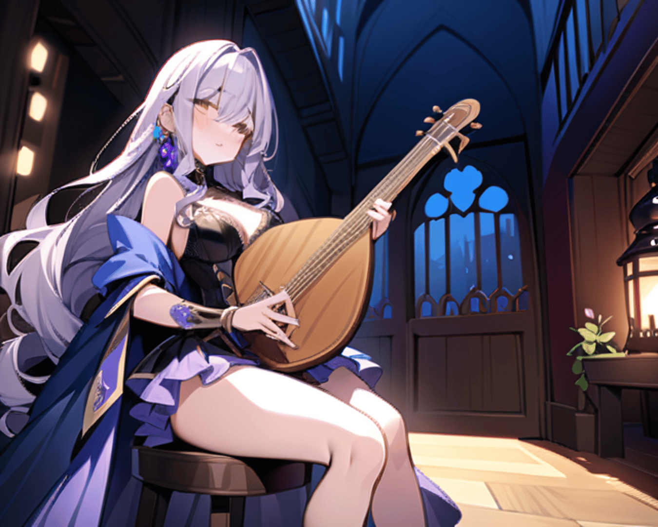 AI generated wallpaper featuring girl, lute, gown
