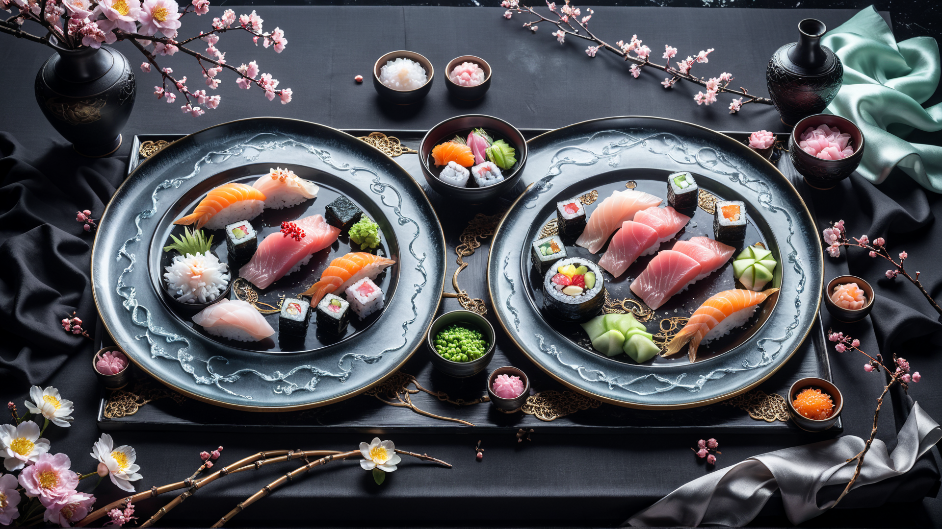AI generated wallpaper featuring sushi, sashimi, cherry blossoms