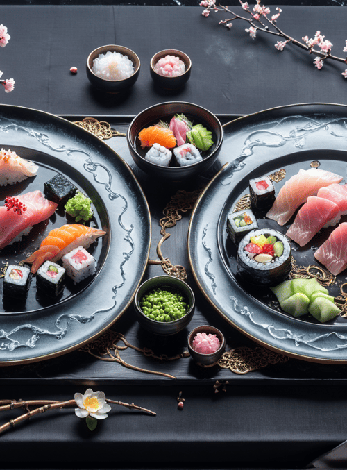 sushi, sashimi, cherry blossoms