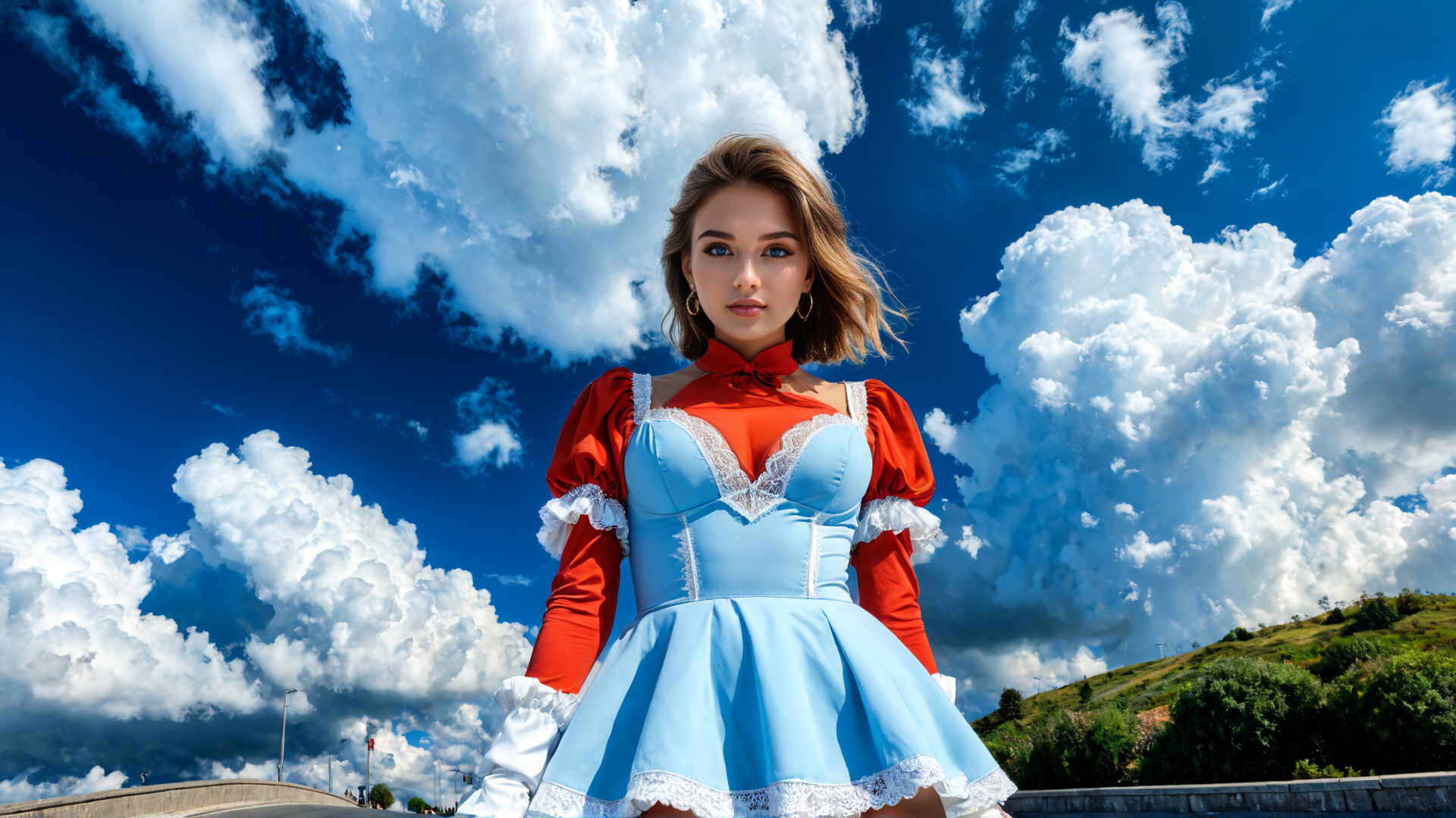 AI generated wallpaper featuring woman, dress, sky