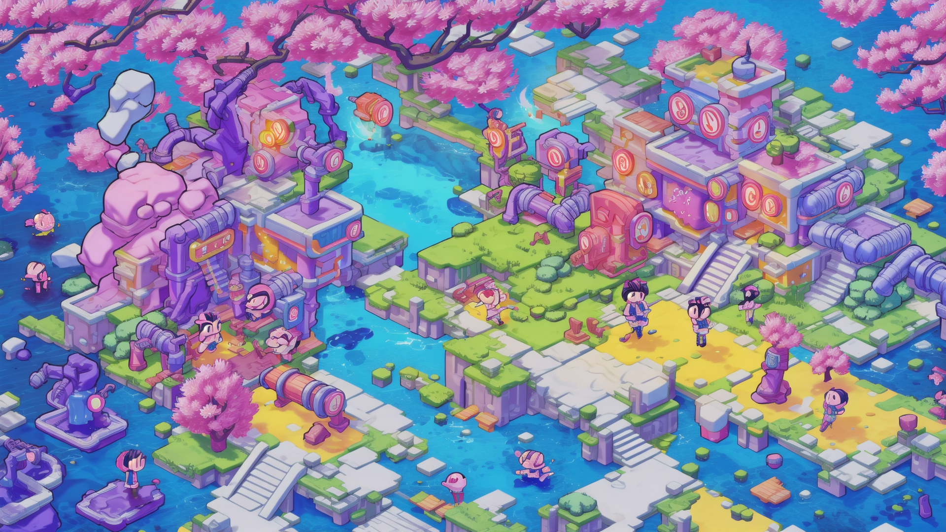 AI generated wallpaper featuring cherry blossoms, characters, buildings