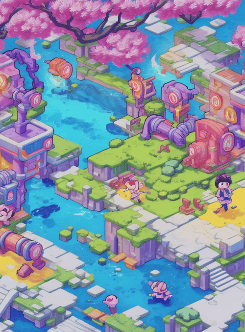 cherry blossoms, characters, buildings