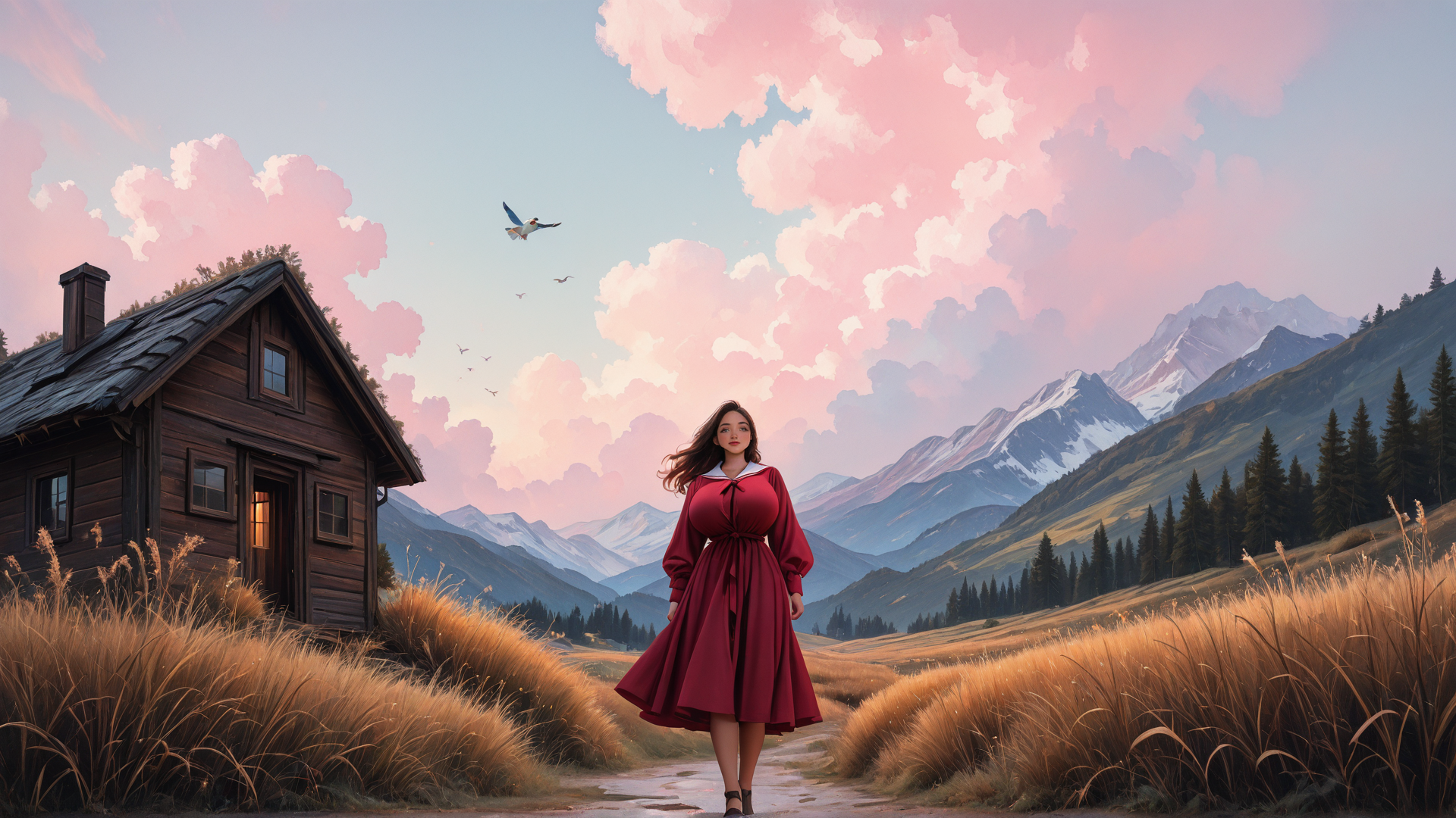 AI generated wallpaper featuring woman, house, mountains