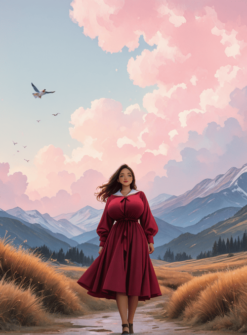 woman, house, mountains