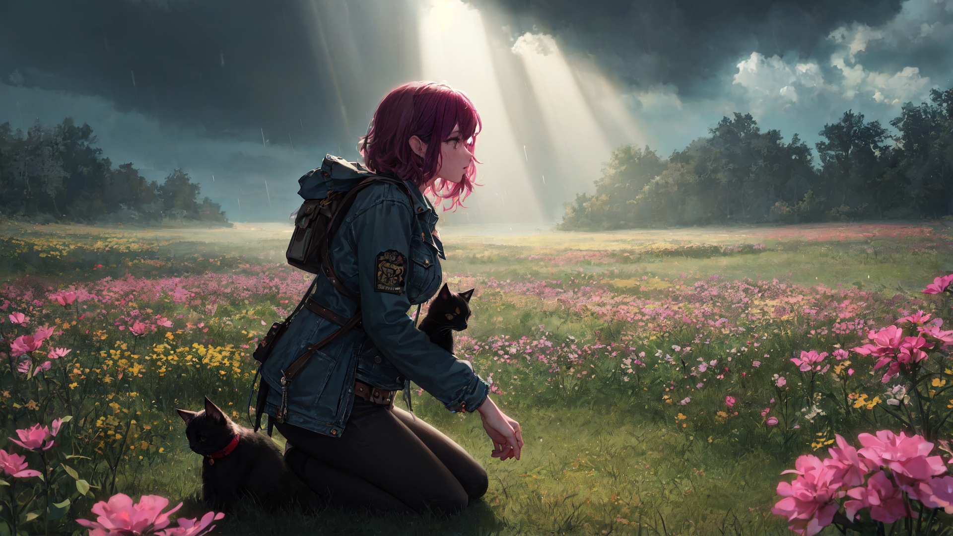 AI generated wallpaper featuring girl, cats, field