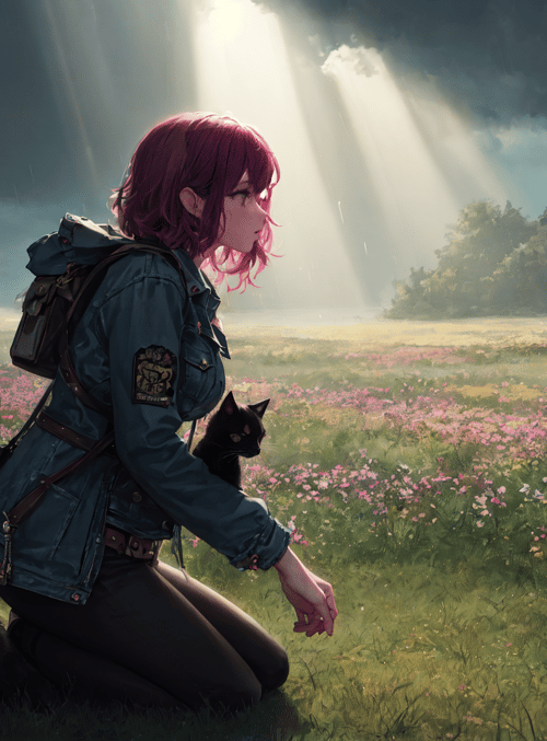 girl, cats, field