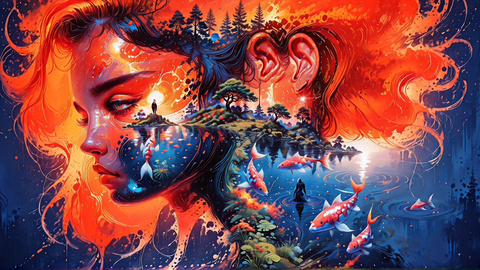 AI generated wallpaper featuring woman, fish, trees, water, ears, sun, person, landscape, koi, reflection