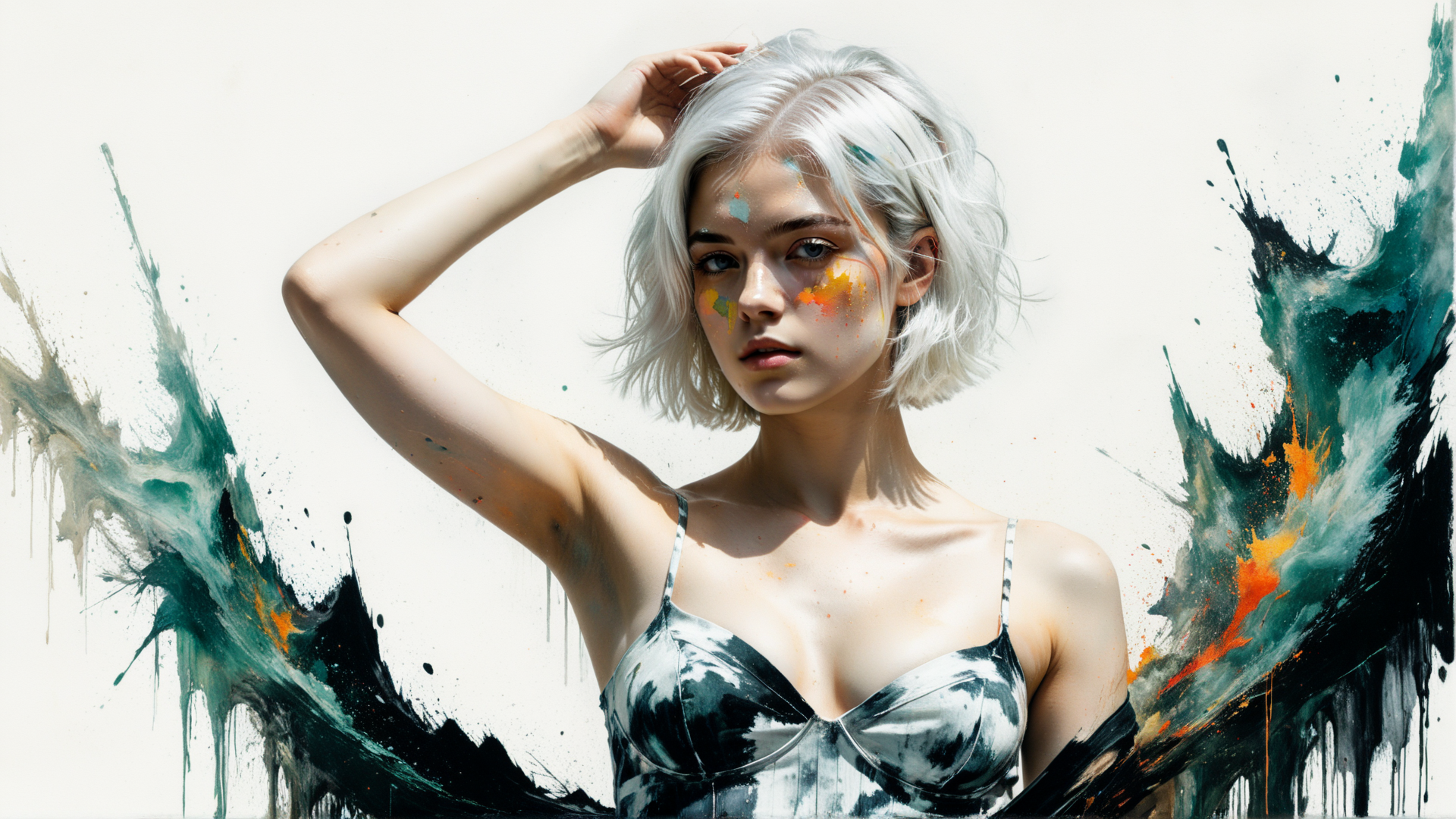 AI generated wallpaper featuring woman, hair, paint, art, sleeveless top