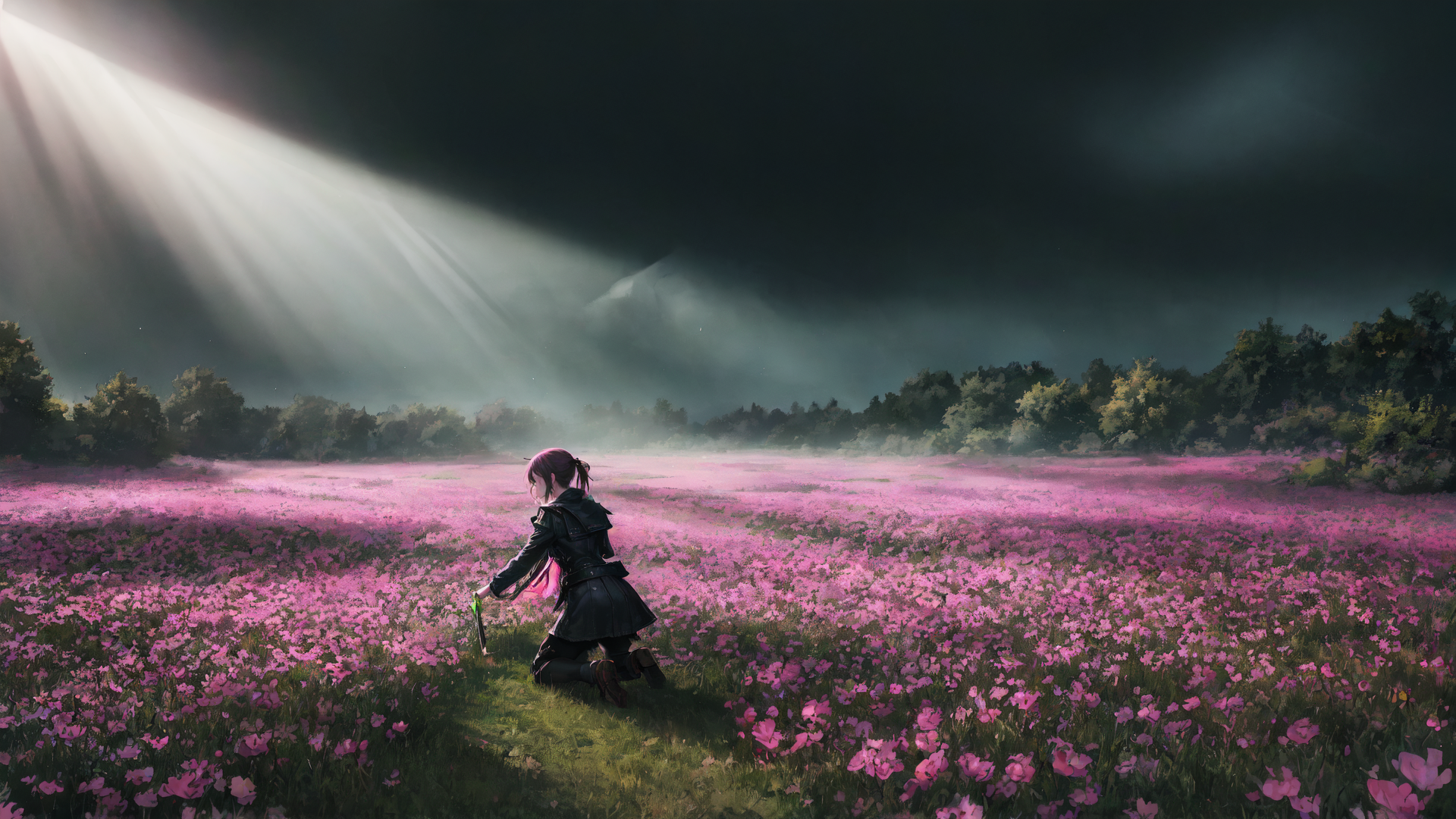 AI generated wallpaper featuring girl, field, flowers
