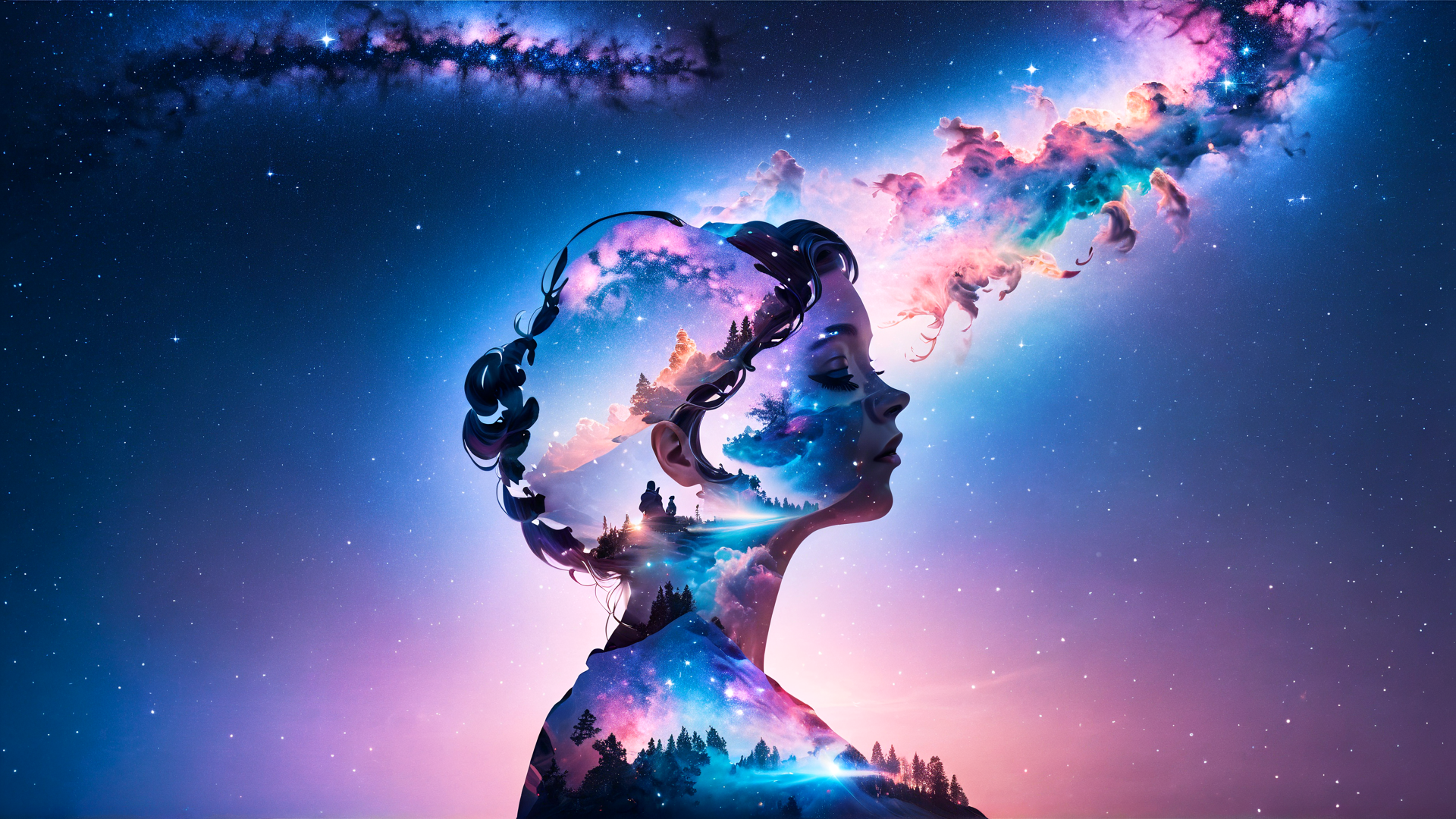 AI generated wallpaper featuring woman, galaxy, forest, stars, clouds