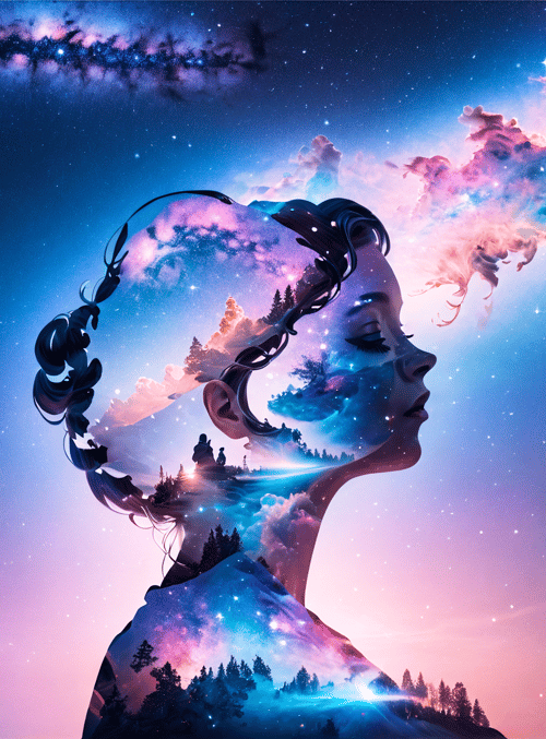 woman, galaxy, forest, stars, clouds