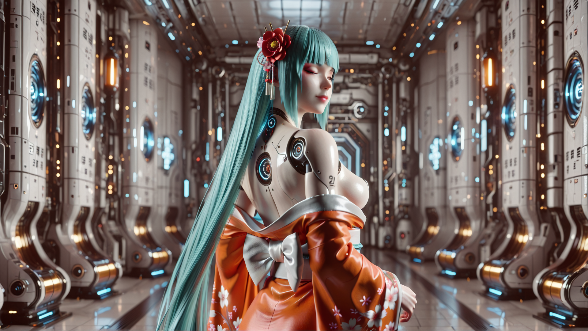 AI generated wallpaper featuring robot, girl, kimono, hair, flower, mechanical, cyberpunk, anime, surreal, futuristic