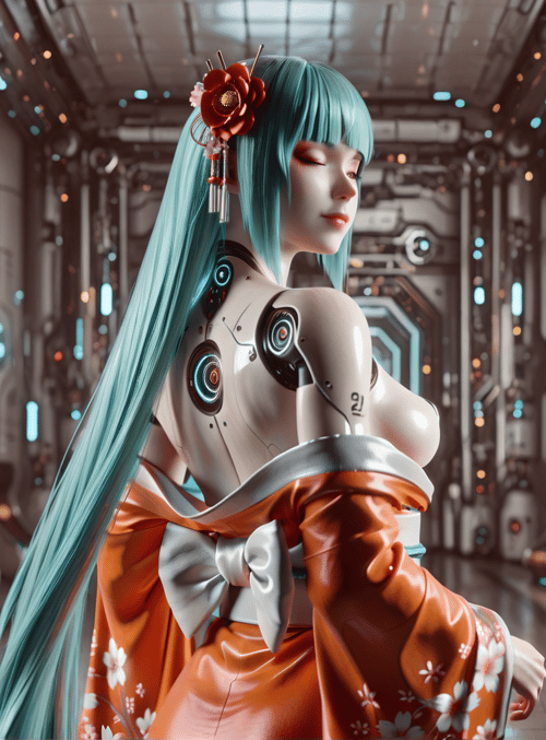 robot, girl, kimono, hair, flower, mechanical, cyberpunk, anime, surreal, futuristic
