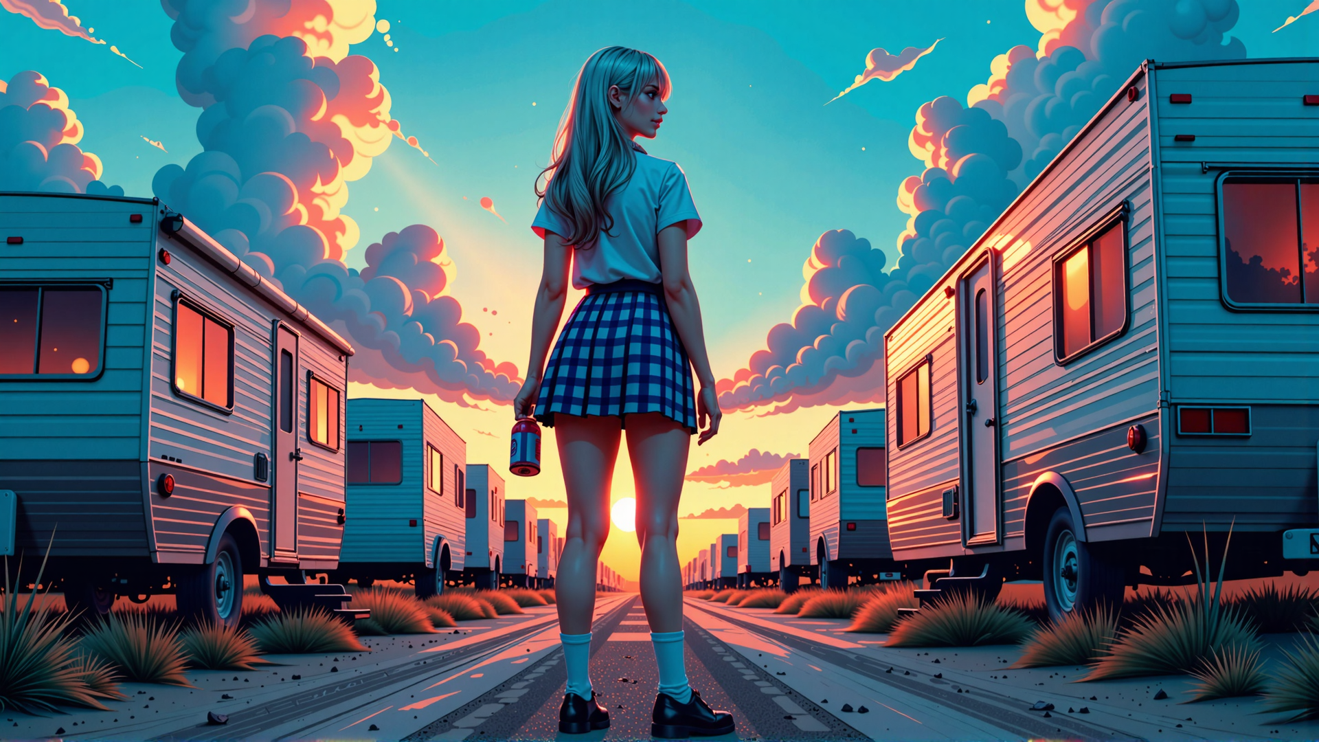 AI generated wallpaper featuring girl, camper, caravan, sunset, road, cloud