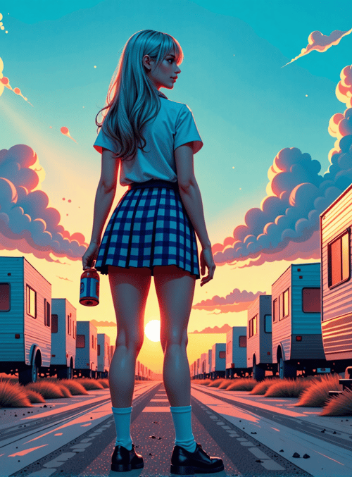 girl, camper, caravan, sunset, road, cloud