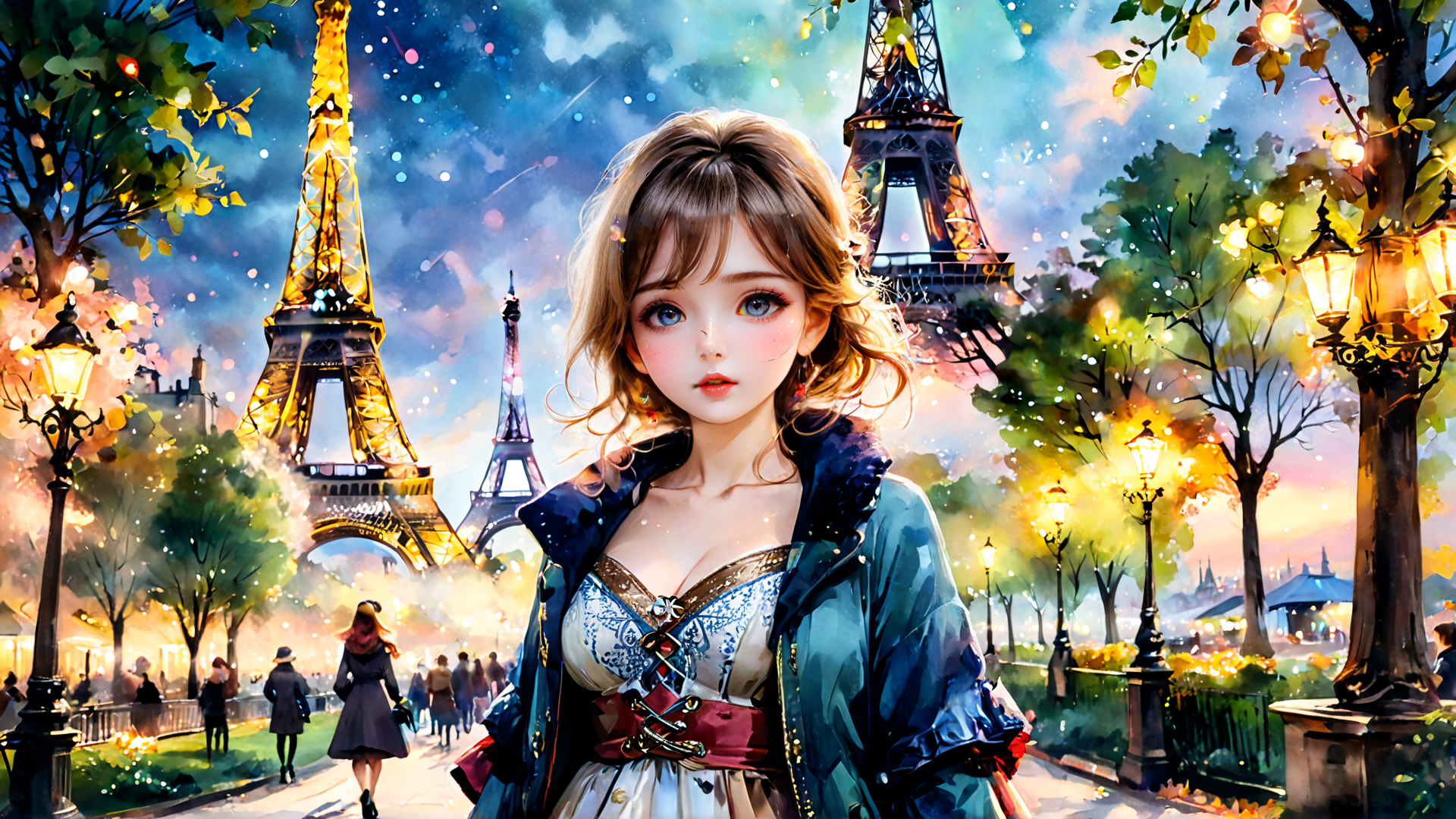 AI generated wallpaper featuring girl, eiffel tower, park