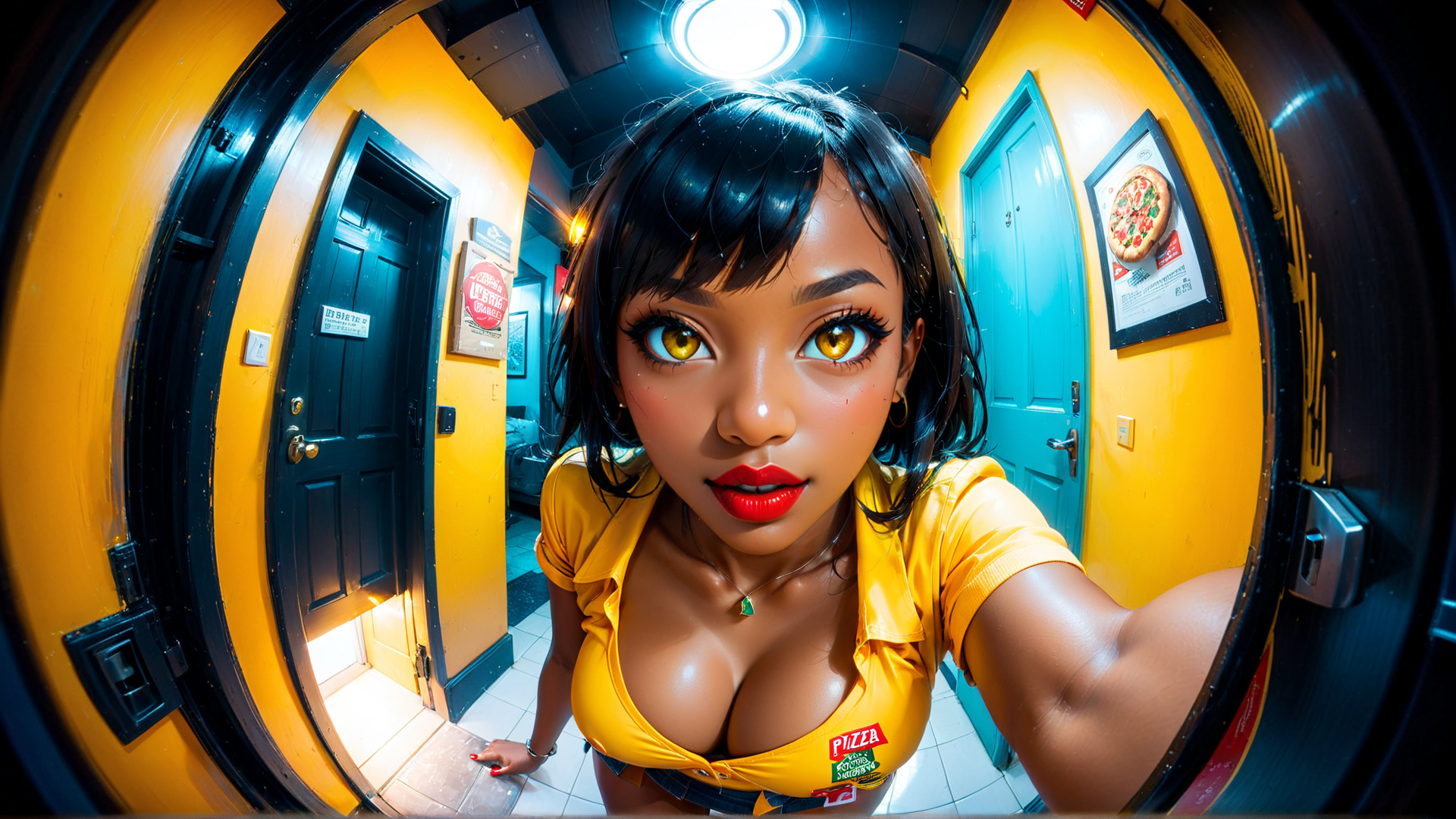 AI generated wallpaper featuring woman, pizza, door, hallway, poster