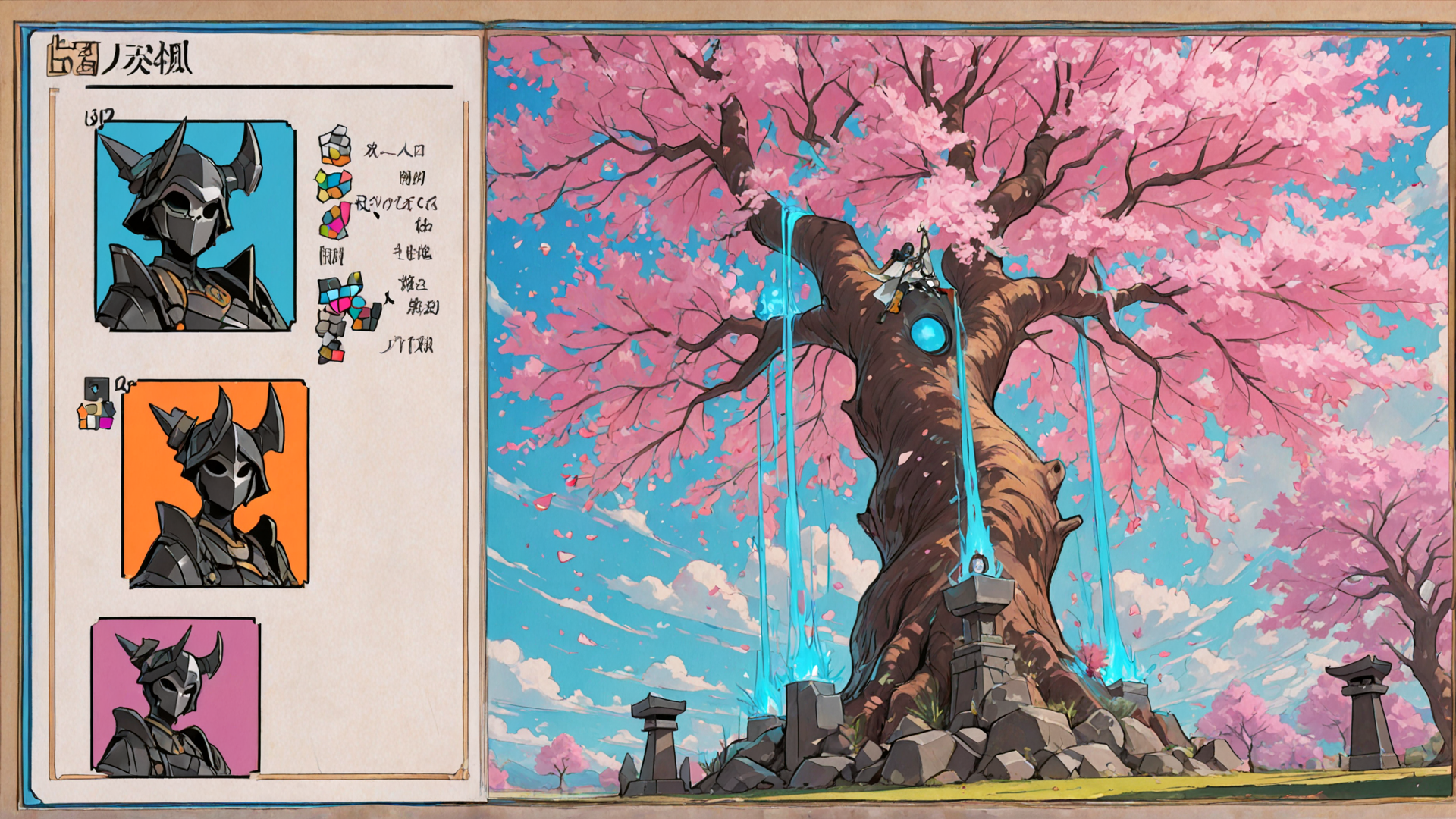 AI generated wallpaper featuring cherry tree, armor, character design, stone lantern, cherry blossoms, blue light, ancient tree, illustration, design sheet, kagami