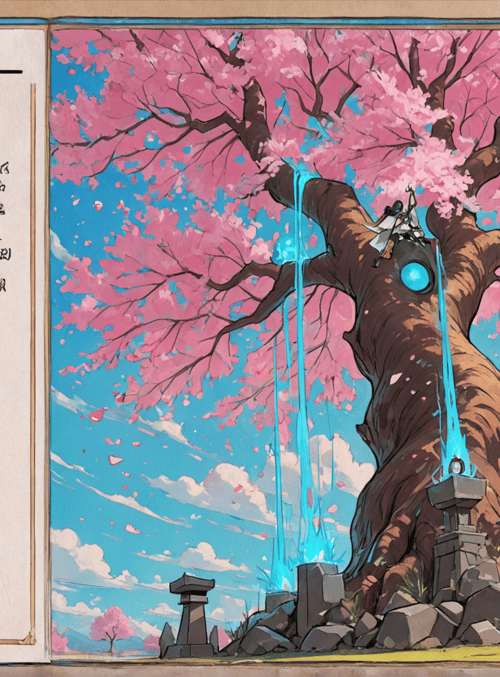 cherry tree, armor, character design, stone lantern, cherry blossoms, blue light, ancient tree, illustration, design sheet, kagami