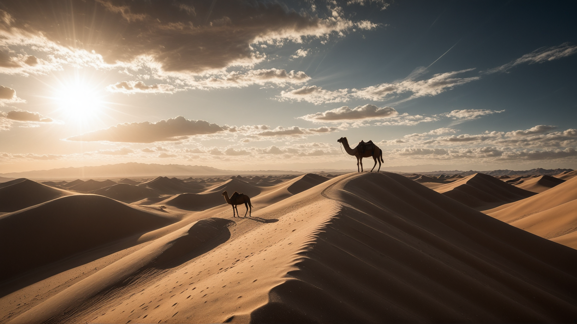 AI generated wallpaper featuring camel, desert, sand dune, sun, sky, cloud