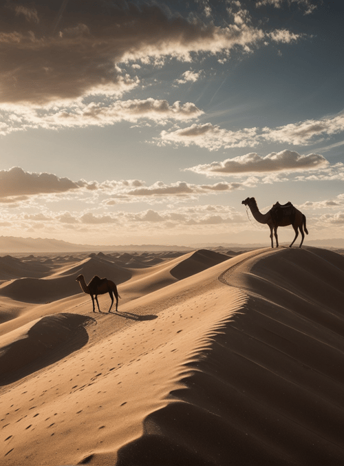 camel, desert, sand dune, sun, sky, cloud