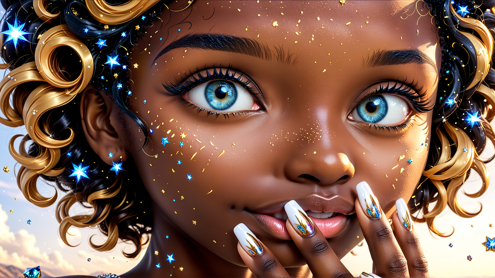 AI generated wallpaper featuring woman, stars, hair, nails, face