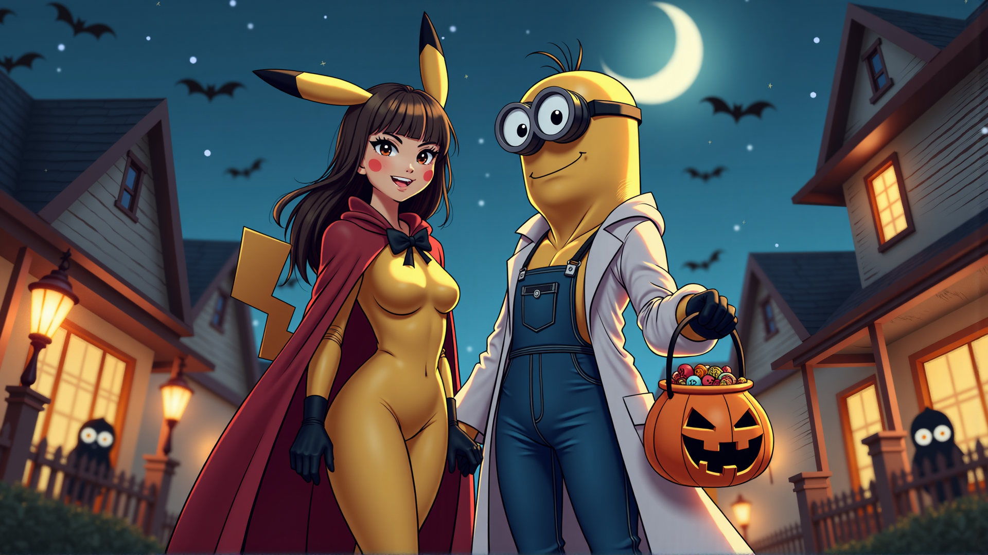 AI generated wallpaper featuring Pikachu, Minion, Halloween, Moon, Bats, House