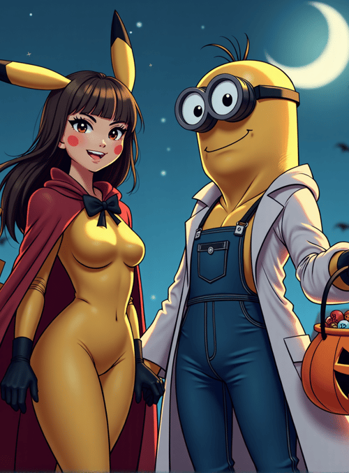 Pikachu, Minion, Halloween, Moon, Bats, House