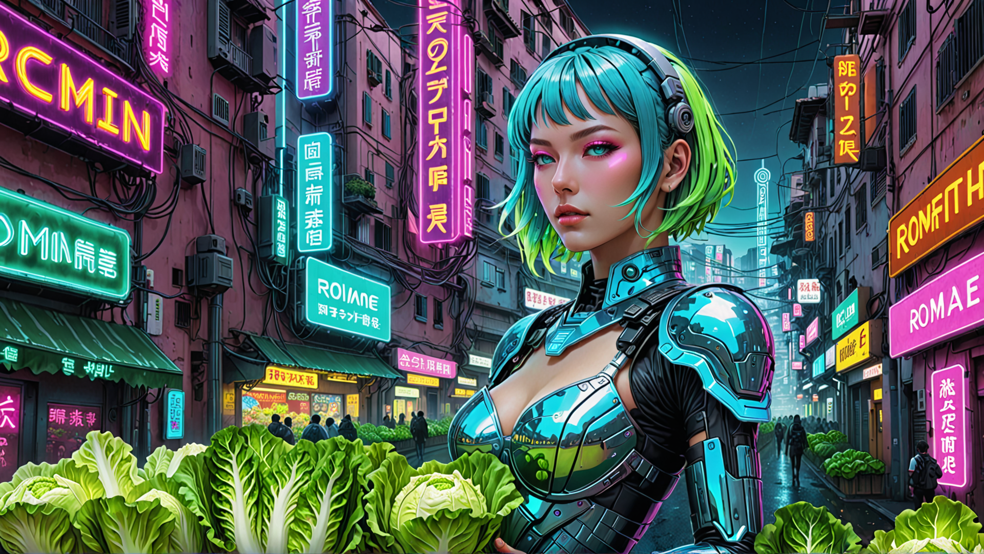 AI generated wallpaper featuring cyborg, neon, street, vegetables, signs