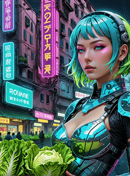 cyborg, neon, street, vegetables, signs